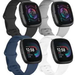 4 Pack 3 Pack Smart Watch Band Compatible with Fitbit Versa 4 Sense 2 Versa 3 Sense Soft Silicone Smartwatch Strap Adjustable Women Men Sport Band Replacement Wristband