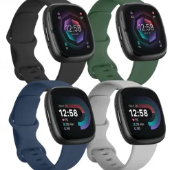 4 Pack 3 Pack Smart Watch Band Compatible with Fitbit Versa 4 Sense 2 Versa 3 Sense Soft Silicone Smartwatch Strap Adjustable Women Men Sport Band Replacement Wristband