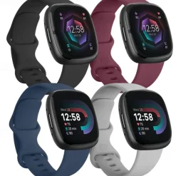 4 Pack 3 Pack Smart Watch Band Compatible with Fitbit Versa 4 Sense 2 Versa 3 Sense Soft Silicone Smartwatch Strap Adjustable Women Men Sport Band Replacement Wristband