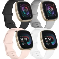 4 Pack 3 Pack Smart Watch Band Compatible with Fitbit Versa 4 Sense 2 Versa 3 Sense Soft Silicone Smartwatch Strap Adjustable Women Men Sport Band Replacement Wristband