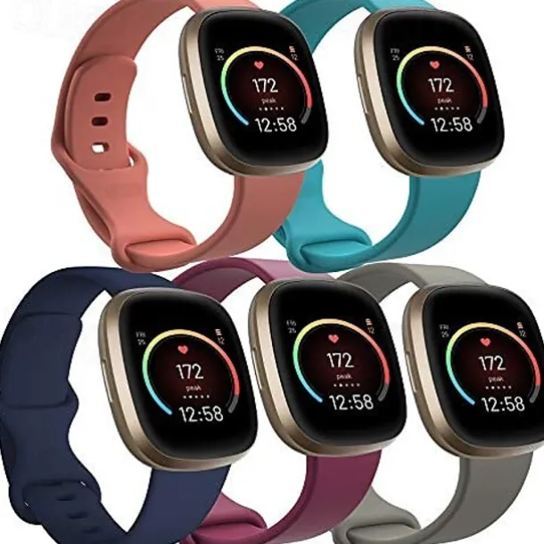 5 Pack Bands Compatible with Fitbit Versa 4 / Sense 2 / Versa 3 / Sense Bands Women Men Classic Soft Silicone Sport Band Replacement Wristband Strap
