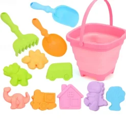 12 Pack Collapsible Foldable Beach Sand Buckets and Shovels Set - Beach Toys for Kids with Sand Molds Silicone Beach Sand Pails for Travel Kids and Toddlers