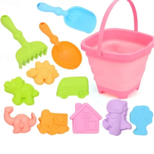 12 Pack Collapsible Foldable Beach Sand Buckets and Shovels Set - Beach Toys for Kids with Sand Molds Silicone Beach Sand Pails for Travel Kids and Toddlers