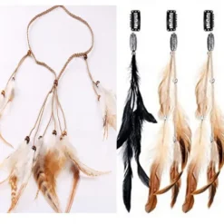 3 Pack Feather Hair Clips and 1 Boho Feather Headband Hippie Hair Extensions with Clip Comb Set for Women Mardi Gras Cosplay Costume Carnival Party Headdress Accessory Gifts