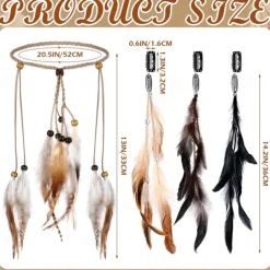 3 Pack Feather Hair Clips and 1 Boho Feather Headband Hippie Hair Extensions with Clip Comb Set for Women Mardi Gras Cosplay Costume Carnival Party Headdress Accessory Gifts