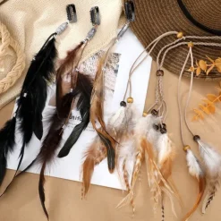 3 Pack Feather Hair Clips and 1 Boho Feather Headband Hippie Hair Extensions with Clip Comb Set for Women Mardi Gras Cosplay Costume Carnival Party Headdress Accessory Gifts