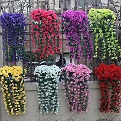 1 Pack, Hanging Artificial Flowers Basket 34“, Fake Hanging Plant, Silk Orchid Flowers, Faux Flower Arrangement, Garden Lawn Decor, Home Decor, Room Decor, Front Door Yard Decor,Wedding Decoration