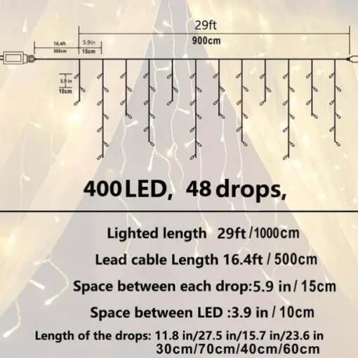 1 Pack Icicle Christmas Lights, 10M 400 LED 8 Modes and Timer With 60 Drops, Icicle Christmas Lights with Timer, Waterproof Connectable Outdoor String Lights for Holiday, Wedding, Christmas