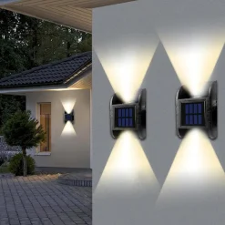 2 Pack 2LED Solar Wall Light UP and Down Illuminate Outdoor Sunlight Lamp IP65 Waterproof Modern Decor for Home Garden Porch, Black