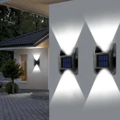 2 Pack 2LED Solar Wall Light UP and Down Illuminate Outdoor Sunlight Lamp IP65 Waterproof Modern Decor for Home Garden Porch, Black