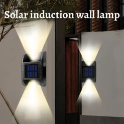 2 Pack 2LED Solar Wall Light UP and Down Illuminate Outdoor Sunlight Lamp IP65 Waterproof Modern Decor for Home Garden Porch, Black