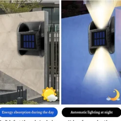 2 Pack 2LED Solar Wall Light UP and Down Illuminate Outdoor Sunlight Lamp IP65 Waterproof Modern Decor for Home Garden Porch, Black