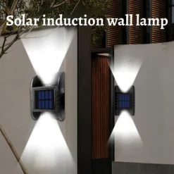 2 Pack 2LED Solar Wall Light UP and Down Illuminate Outdoor Sunlight Lamp IP65 Waterproof Modern Decor for Home Garden Porch, Black