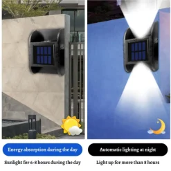 2 Pack 2LED Solar Wall Light UP and Down Illuminate Outdoor Sunlight Lamp IP65 Waterproof Modern Decor for Home Garden Porch, Black