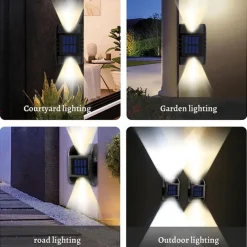 2 Pack 2LED Solar Wall Light UP and Down Illuminate Outdoor Sunlight Lamp IP65 Waterproof Modern Decor for Home Garden Porch, Black