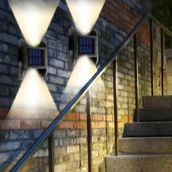 2 Pack 2LED Solar Wall Light UP and Down Illuminate Outdoor Sunlight Lamp IP65 Waterproof Modern Decor for Home Garden Porch, Black