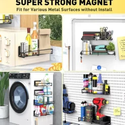 1 Pack Magnetic Spice Rack Organizer, Magnetic Spice Rack for Refrigerator, Magnetic Shelf for Holding Spices, Jars, Bottle, Metal&Black