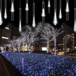 4 Pack Meteor Shower Rain String Lights 50cm Outdoor Christmas Lights Outdoor Decorations 100-240V 32 Tubes 960LED String Lights Waterproof for Christmas Wedding Party Christmas Trees Holiday Wedding