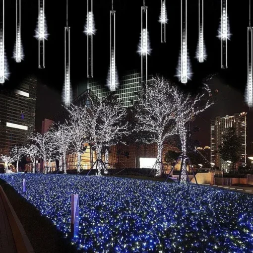 4 Pack Meteor Shower Rain String Lights 50cm Outdoor Christmas Lights Outdoor Decorations 100-240V 32 Tubes 960LED String Lights Waterproof for Christmas Wedding Party Christmas Trees Holiday Wedding