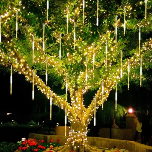 4 Pack Meteor Shower Rain String Lights 50cm Outdoor Christmas Lights Outdoor Decorations 100-240V 32 Tubes 960LED String Lights Waterproof for Christmas Wedding Party Christmas Trees Holiday Wedding