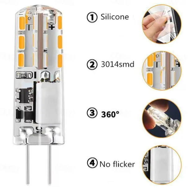 10 Pack No Flicker G4 LED Bulbs - AC/DC 12V SMD3014 24/48 LEDs Silicone Replacement for Halogen Spotlight Chandelier Lighting