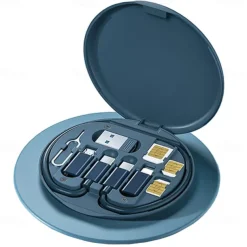 1 Pack Remax USB Adapter Cable Conversion Storage Box Multi-Type Charging Line Convertor Lightning Type C Micro Data Transfer Tool Contains Sim Card Slot Tray Eject Pin Use as Phone Holder