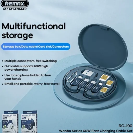 1 Pack Remax USB Adapter Cable Conversion Storage Box Multi-Type Charging Line Convertor Lightning Type C Micro Data Transfer Tool Contains Sim Card Slot Tray Eject Pin Use as Phone Holder