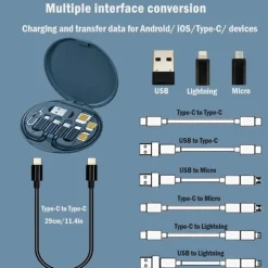 1 Pack Remax USB Adapter Cable Conversion Storage Box Multi-Type Charging Line Convertor Lightning Type C Micro Data Transfer Tool Contains Sim Card Slot Tray Eject Pin Use as Phone Holder