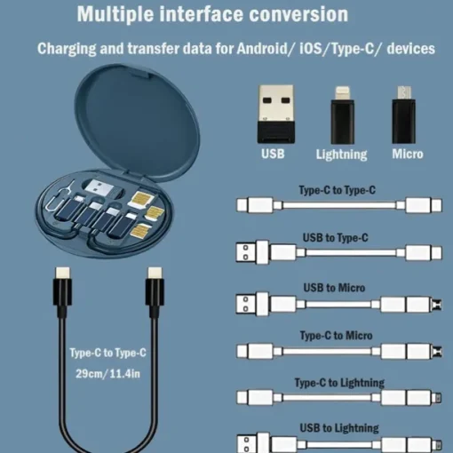 1 Pack Remax USB Adapter Cable Conversion Storage Box Multi-Type Charging Line Convertor Lightning Type C Micro Data Transfer Tool Contains Sim Card Slot Tray Eject Pin Use as Phone Holder