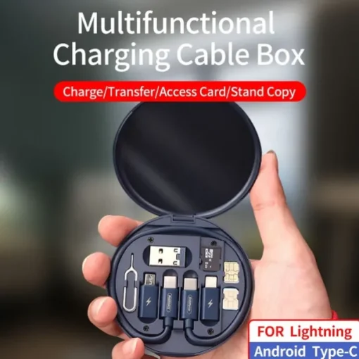 1 Pack Remax USB Adapter Cable Conversion Storage Box Multi-Type Charging Line Convertor Lightning Type C Micro Data Transfer Tool Contains Sim Card Slot Tray Eject Pin Use as Phone Holder