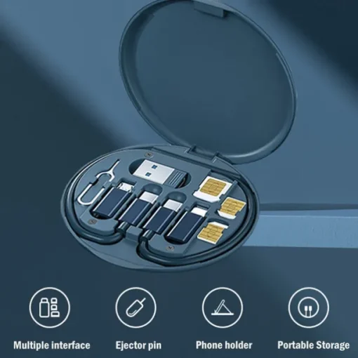 1 Pack Remax USB Adapter Cable Conversion Storage Box Multi-Type Charging Line Convertor Lightning Type C Micro Data Transfer Tool Contains Sim Card Slot Tray Eject Pin Use as Phone Holder