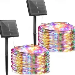 2 Pack Solar String Lights Christmas Lights Decoration Outdoor 12m 120LEDs Fairy Copper Wire Lights with 8 Modes Waterproof Decoration Copper Wire Lights for Patio Yard Trees Christmas Wedding Party