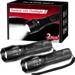 2 Pack Tactical Flashlights Torch, Military Grade 5 Modes 3000 High Lumens Led Waterproof Handheld Flashlight for Camping Biking Hiking Outdoor Home Emergency