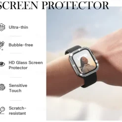 2 Pack Watch Case with Screen Protector Compatible with Apple Watch Series 8 7 41mm 45mm / Series 6 5 4 SE 40mm 44mm / Series 3 2 1 38mm 42mm Scratch Resistant Bling Diamond HD Clear Tempered Glass