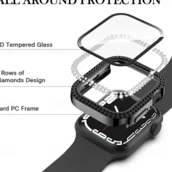 2 Pack Watch Case with Screen Protector Compatible with Apple Watch Series 8 7 41mm 45mm / Series 6 5 4 SE 40mm 44mm / Series 3 2 1 38mm 42mm Scratch Resistant Bling Diamond HD Clear Tempered Glass
