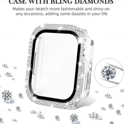 2 Pack Watch Case with Screen Protector Compatible with Apple Watch Series 8 7 41mm 45mm / Series 6 5 4 SE 40mm 44mm / Series 3 2 1 38mm 42mm Scratch Resistant Bling Diamond HD Clear Tempered Glass