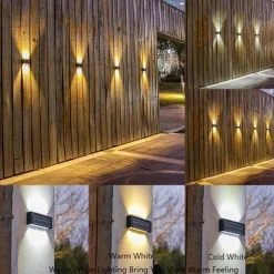 2 Packs LED Solar Wall Lights Beads Long Size with Emitting Light Up and Down, Fence Outdoor Courtyard, Garden Pathway Decoration Light