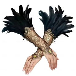 1 Pair Lace Feather Gloves Retro Vintage Punk & Gothic Long Gloves Feather Lace Witch Maleficent Women's Lace Cosplay Costume Masquerade Party Evening