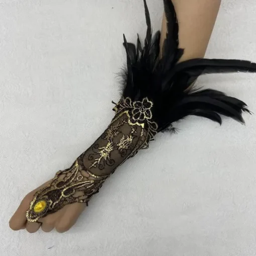 1 Pair Lace Feather Gloves Retro Vintage Punk & Gothic Long Gloves Feather Lace Witch Maleficent Women's Lace Cosplay Costume Masquerade Party Evening