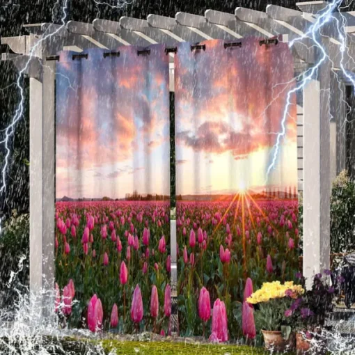 2 Panels Outdoor Curtain Privacy Waterproof, Sliding Patio Curtain Drapes, Pergola Curtains Grommet 3D Landscape For Gazebo, Balcony, Porch, Party, Hotel
