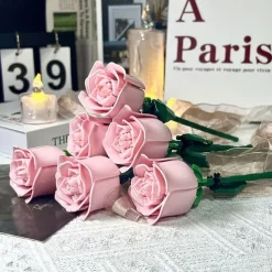 6 pc DIY Building Block Rose Flower Tabletop Decor ABS Material Perfect for Valentine's Christmas & Halloween Gifts Cozy Ambiance with Multi-Colored Artificial Roses & Elegant Candle Display