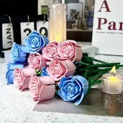 6 pc DIY Building Block Rose Flower Tabletop Decor ABS Material Perfect for Valentine's Christmas & Halloween Gifts Cozy Ambiance with Multi-Colored Artificial Roses & Elegant Candle Display