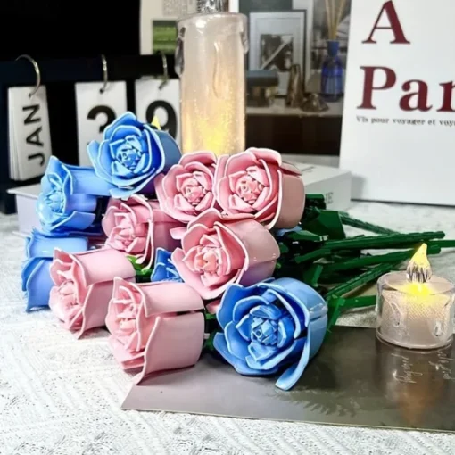6 pc DIY Building Block Rose Flower Tabletop Decor ABS Material Perfect for Valentine's Christmas & Halloween Gifts Cozy Ambiance with Multi-Colored Artificial Roses & Elegant Candle Display