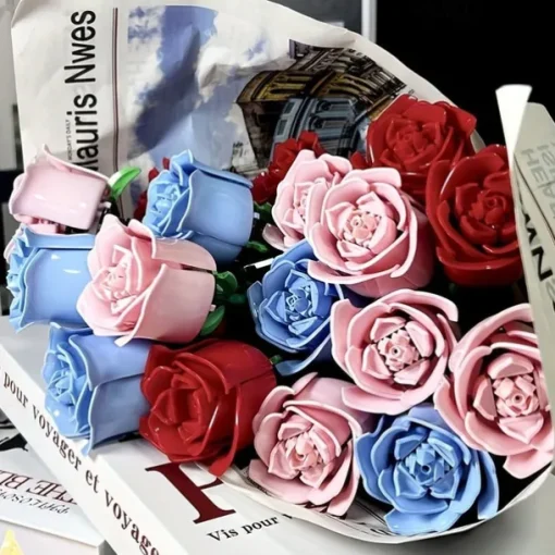 6 pc DIY Building Block Rose Flower Tabletop Decor ABS Material Perfect for Valentine's Christmas & Halloween Gifts Cozy Ambiance with Multi-Colored Artificial Roses & Elegant Candle Display