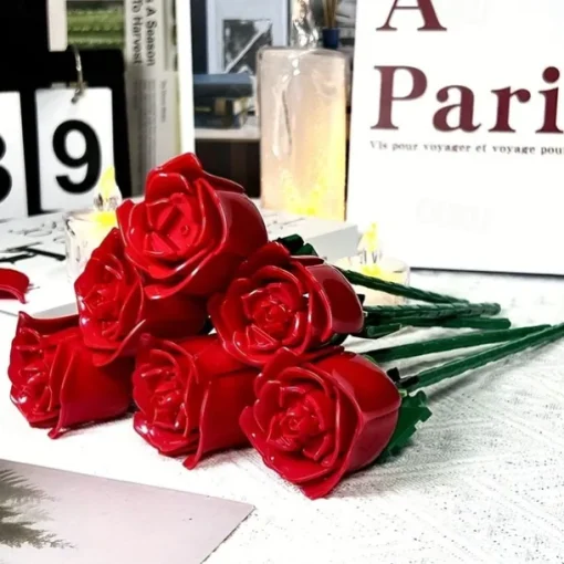 6 pc DIY Building Block Rose Flower Tabletop Decor ABS Material Perfect for Valentine's Christmas & Halloween Gifts Cozy Ambiance with Multi-Colored Artificial Roses & Elegant Candle Display
