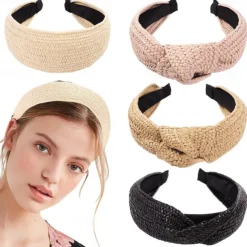 1 PC Straw Knotted Headbands for Women Summer Beach Rattan Top Knot Headband Bohemian Wide Headbands Twist Knot Wide Hairbands Woven Headwear for Girls Women Raffia Headwear Holiday Hair Styling