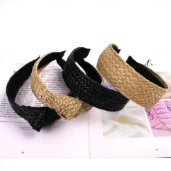 1 PC Straw Knotted Headbands for Women Summer Beach Rattan Top Knot Headband Bohemian Wide Headbands Twist Knot Wide Hairbands Woven Headwear for Girls Women Raffia Headwear Holiday Hair Styling