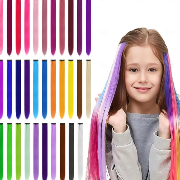 32 PCS Clip in Colored Hair Extensions for Girls Pretty Gift 20 Inches Rainbow Long Straight Hairpieces Synthetic,Halloween Cosplay Dress Up Fashion Party Christmas Birthday for Kids