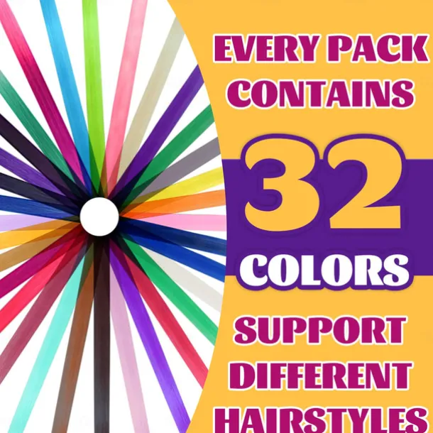 32 PCS Clip in Colored Hair Extensions for Girls Pretty Gift 20 Inches Rainbow Long Straight Hairpieces Synthetic,Halloween Cosplay Dress Up Fashion Party Christmas Birthday for Kids