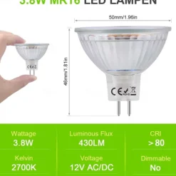 4 Pcs GU5.3 Mr16 LED Spotlight Bulb Warm White 3000K/6000K 4W Equivalent to 40W Halogen Lamp AC/DC 12V Non Dimmable